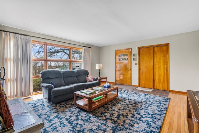 living area featuring baseboards and hardwood / wood-style flooring