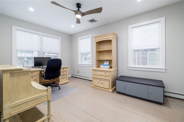 home office featuring visible vents, a ceiling fan, light wood-style flooring, baseboard heating, and recessed lighting