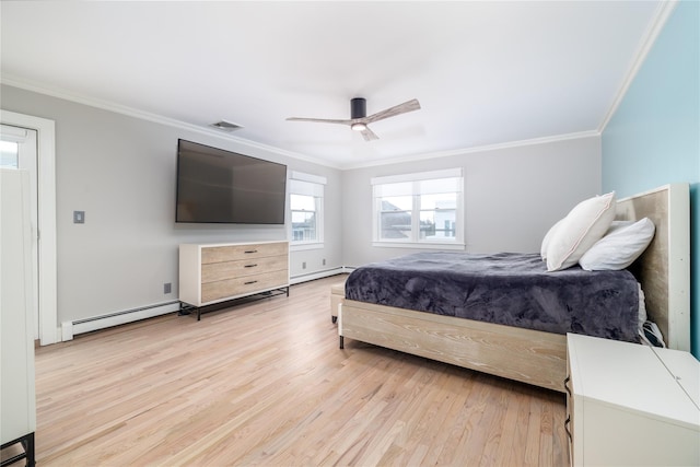 bedroom with a baseboard heating unit, visible vents, a ceiling fan, ornamental molding, and light wood-type flooring