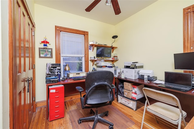 office area featuring ceiling fan and wood-type flooring