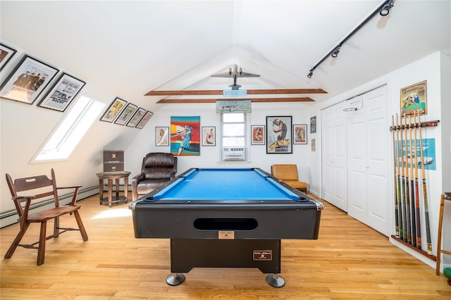 game room featuring light wood-style floors, rail lighting, pool table, and vaulted ceiling