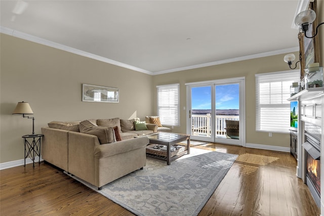 living area featuring wood-type flooring, baseboards, crown molding, and a glass covered fireplace