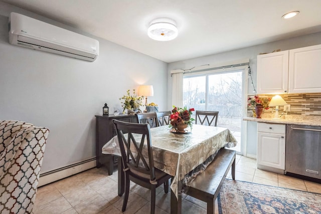 dining space with light tile patterned floors, an AC wall unit, a baseboard radiator, and recessed lighting