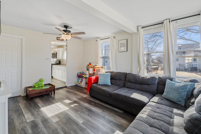 living area featuring a ceiling fan and dark wood finished floors