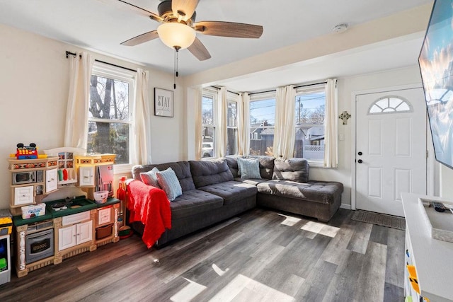 living area with ceiling fan and wood finished floors