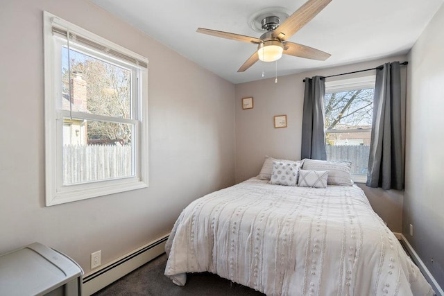 bedroom featuring a baseboard heating unit and a ceiling fan