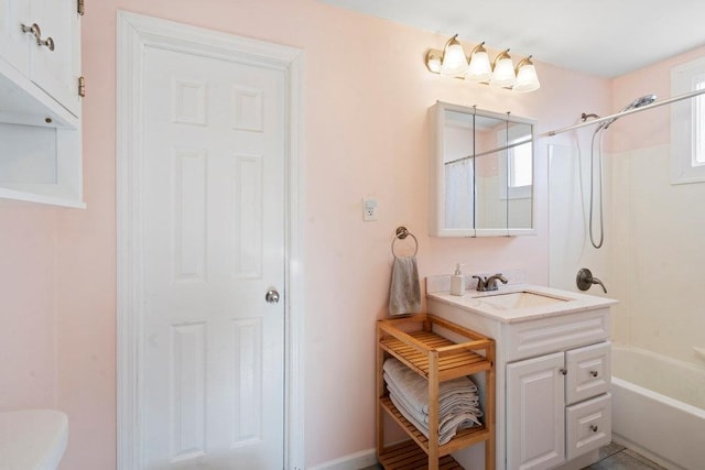 bathroom featuring shower / bathtub combination with curtain and vanity