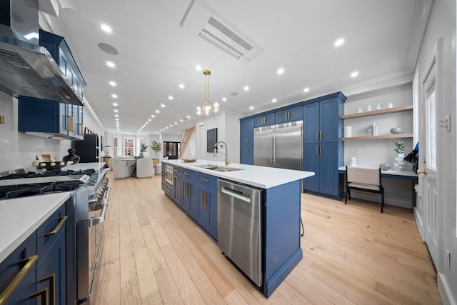 kitchen with blue cabinetry, high end appliances, wall chimney exhaust hood, and a sink