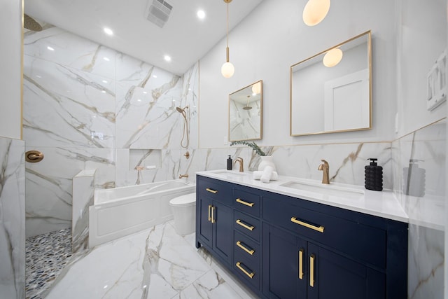 bathroom featuring double vanity, visible vents, marble finish floor, and a sink