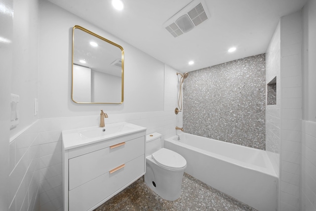 full bath with visible vents, toilet, recessed lighting, vanity, and  shower combination