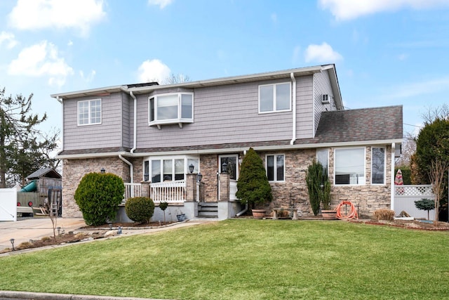 view of front of property featuring a shingled roof, stone siding, and a front lawn