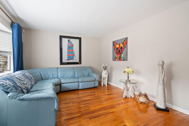 living area with baseboards and wood finished floors