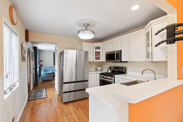 kitchen with stainless steel appliances, a peninsula, a sink, and a wealth of natural light