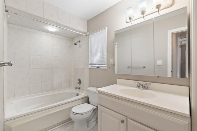 full bath featuring tub / shower combination, vanity, and toilet