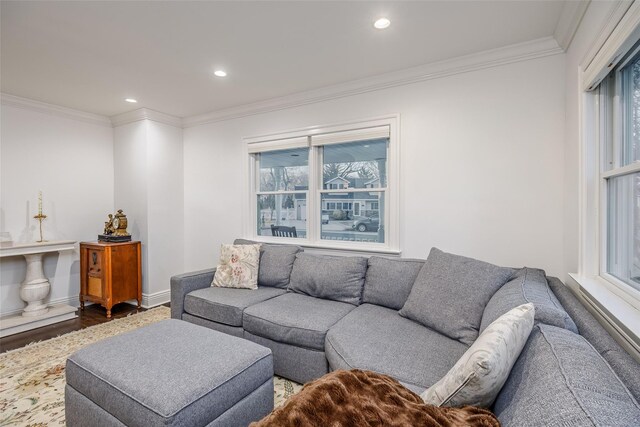 living area with ornamental molding, wood finished floors, and recessed lighting