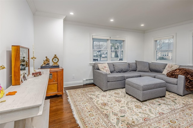 living room with a baseboard radiator, crown molding, recessed lighting, and wood finished floors