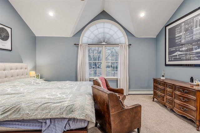 bedroom featuring lofted ceiling, baseboard heating, and light colored carpet