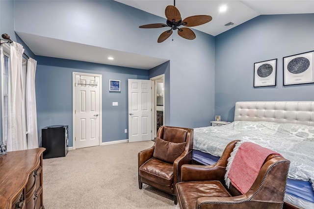 bedroom with carpet, visible vents, vaulted ceiling, ceiling fan, and baseboards