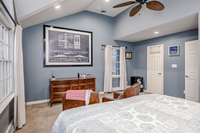 bedroom with lofted ceiling, a baseboard radiator, carpet floors, visible vents, and baseboards