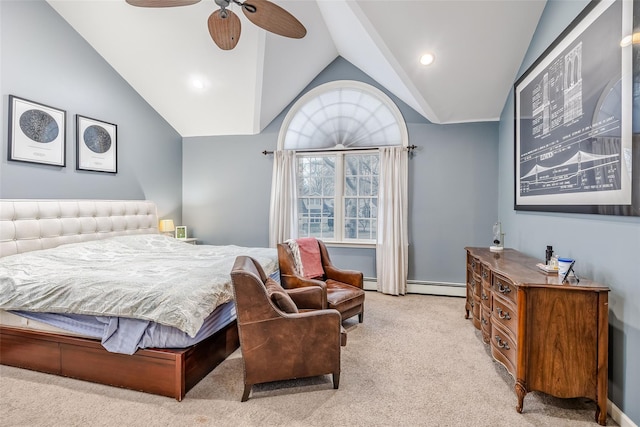 bedroom featuring lofted ceiling, ceiling fan, baseboard heating, carpet flooring, and recessed lighting