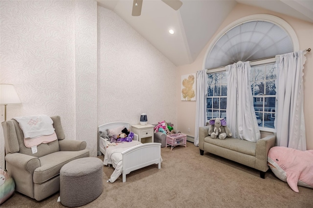 living area with a ceiling fan, baseboard heating, vaulted ceiling, carpet flooring, and recessed lighting