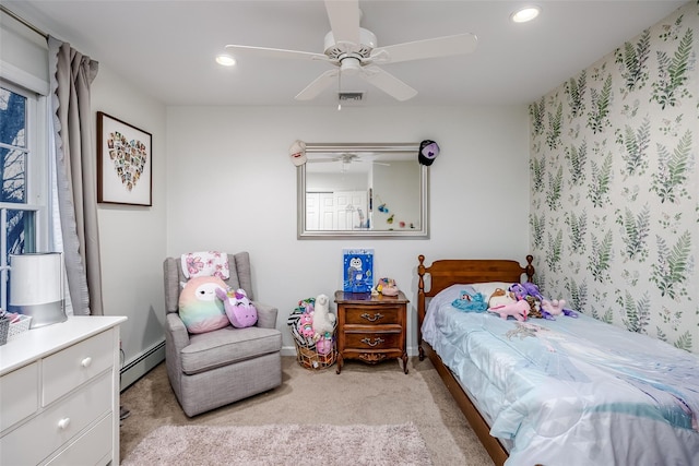 bedroom featuring recessed lighting, light colored carpet, visible vents, a ceiling fan, and baseboard heating