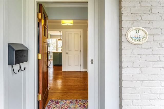 hallway featuring ornamental molding and wood finished floors