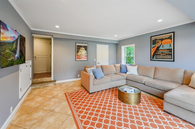 living room featuring light tile patterned floors, baseboards, crown molding, and recessed lighting