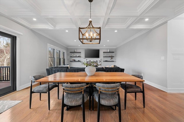 dining area featuring a notable chandelier, breakfast area, recessed lighting, light wood-style flooring, and coffered ceiling