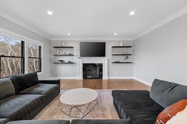 living area with ornamental molding, a glass covered fireplace, baseboards, and wood finished floors