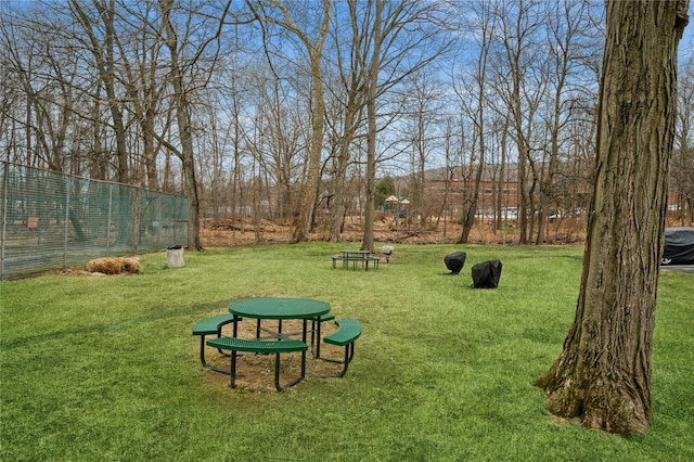 view of home's community with fence and a yard