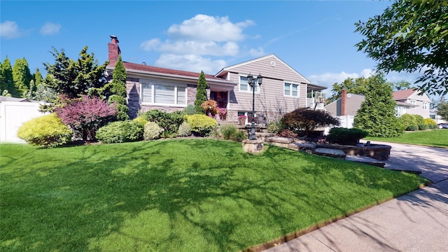 split level home featuring stone siding, a chimney, a front yard, and fence