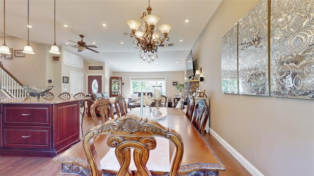 dining area with recessed lighting, ceiling fan, baseboards, and wood finished floors