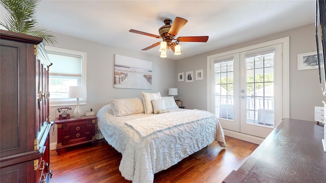 bedroom featuring dark wood-style floors, access to outside, french doors, and ceiling fan