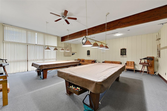 game room featuring pool table, carpet, beam ceiling, and a ceiling fan