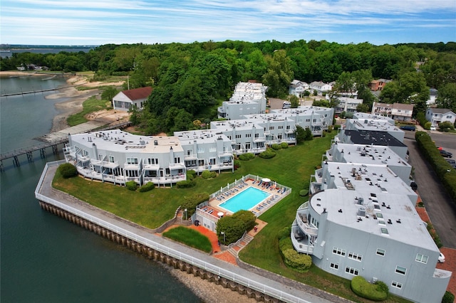 birds eye view of property featuring a water view