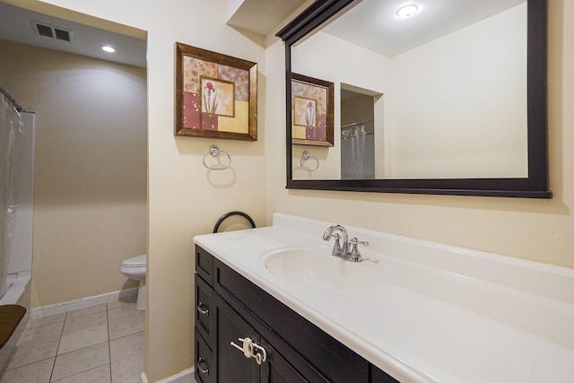 bathroom with visible vents, a shower with shower curtain, toilet, tile patterned floors, and vanity