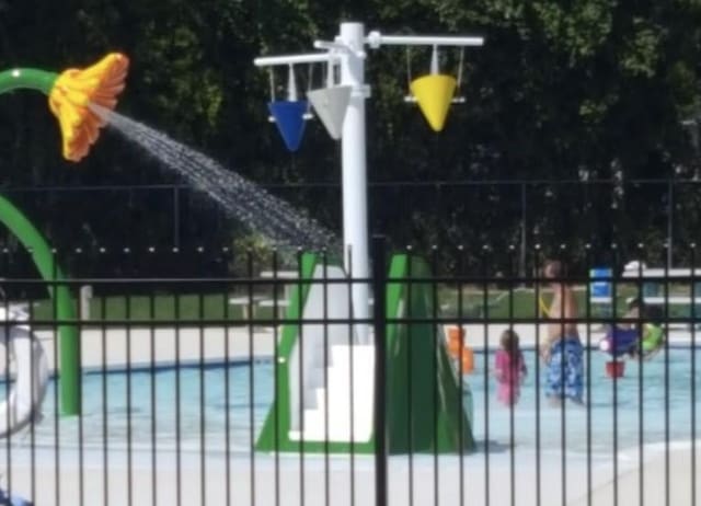 view of gate featuring a fenced in pool and fence