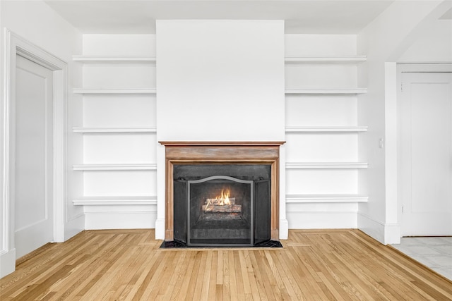 details with a fireplace with flush hearth and wood finished floors