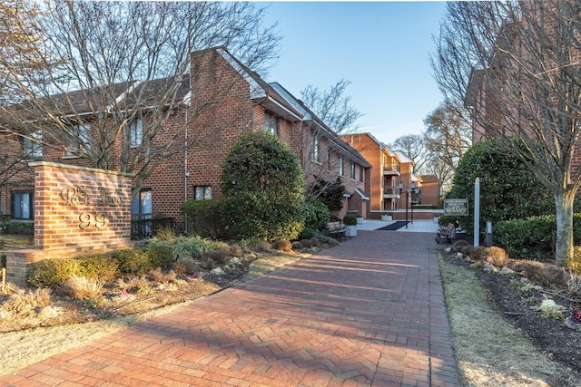 view of road with decorative driveway