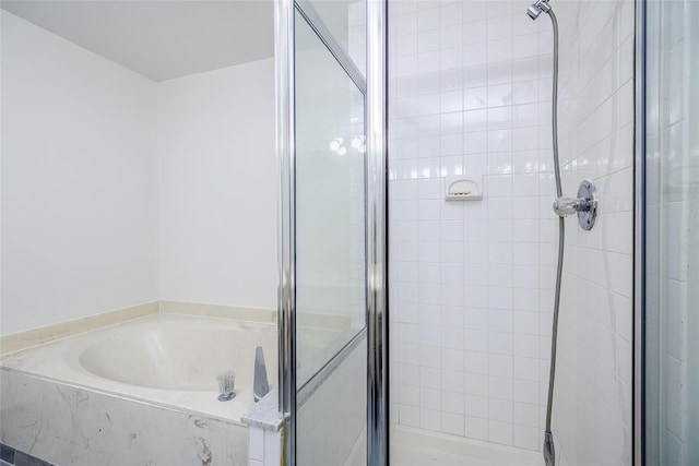 bathroom featuring a shower stall and a bath