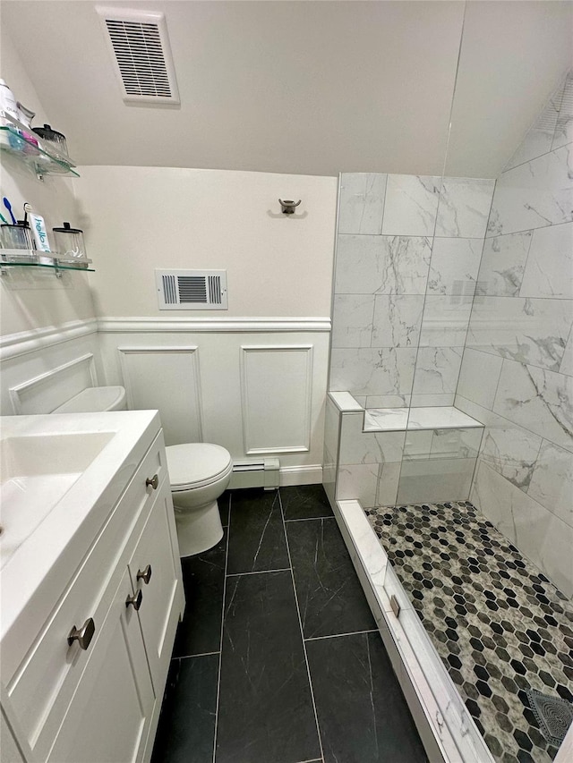 bathroom with a walk in shower, marble finish floor, toilet, and visible vents