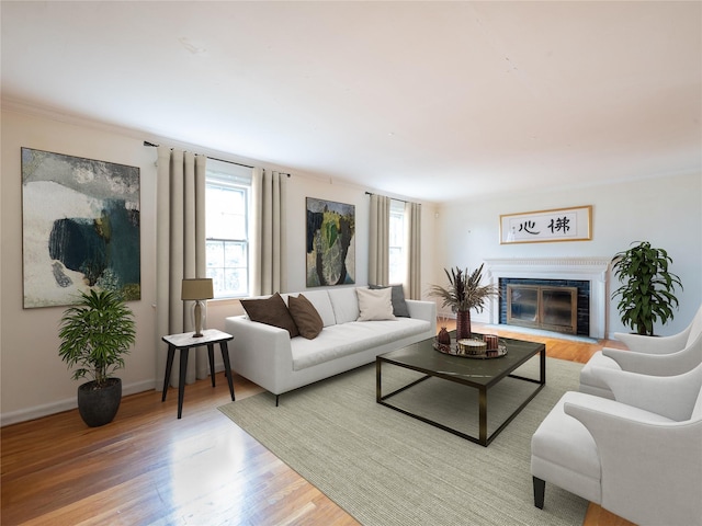 living room with a glass covered fireplace, baseboards, and wood finished floors