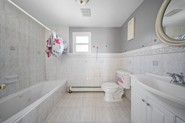 bathroom with toilet, visible vents, tile walls, tiled shower / bath, and baseboard heating