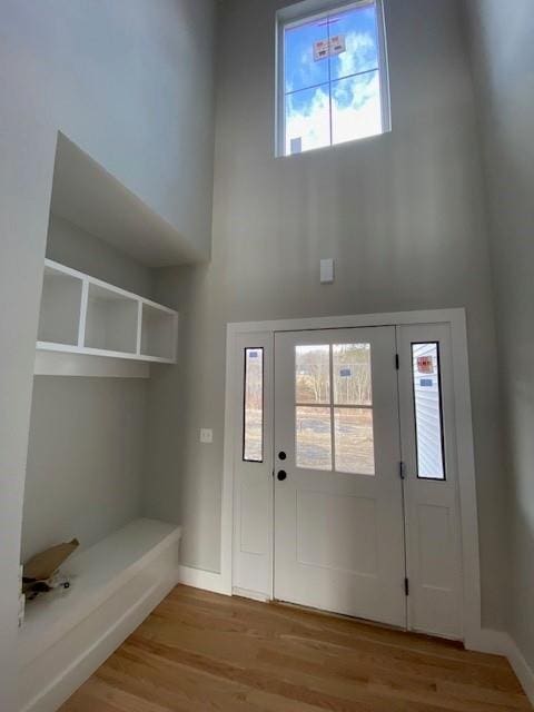 interior space featuring a towering ceiling, baseboards, and wood finished floors