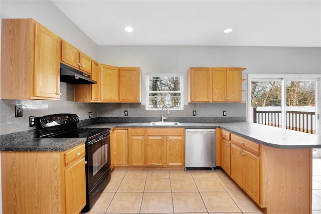 kitchen with electric range, stainless steel dishwasher, a sink, a peninsula, and under cabinet range hood