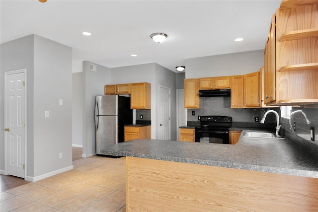 kitchen with open shelves, freestanding refrigerator, a sink, black range with electric cooktop, and under cabinet range hood