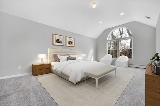 bedroom with baseboards, visible vents, light colored carpet, lofted ceiling, and a baseboard heating unit