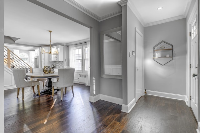 dining space with baseboards, radiator, ornamental molding, and dark wood-style flooring