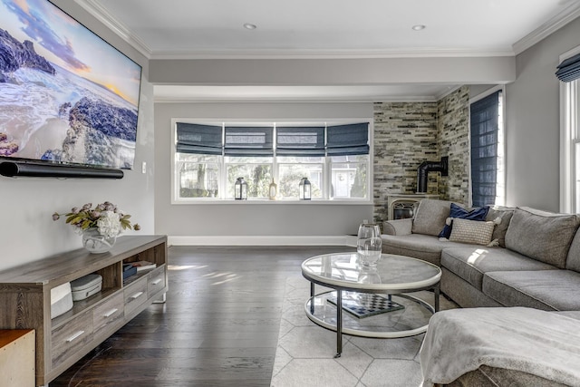 living area featuring dark wood-style floors, baseboards, crown molding, and a wood stove